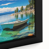Extra large framed canvas of Lake Tahoe with textured, colorful art on a black background, ideal for living room decor.