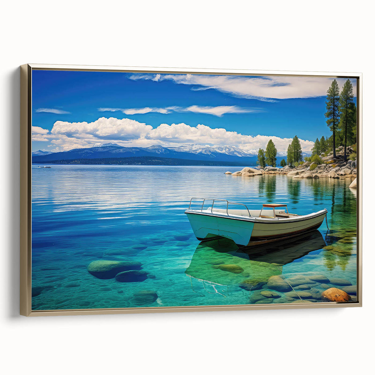 Framed canvas of Lake Tahoe landscape in muted blues and greens, ideal for bedroom wall art.