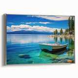 Framed canvas landscape art painting of Lake Tahoe with vibrant blue and green tones, ideal for living room decor.