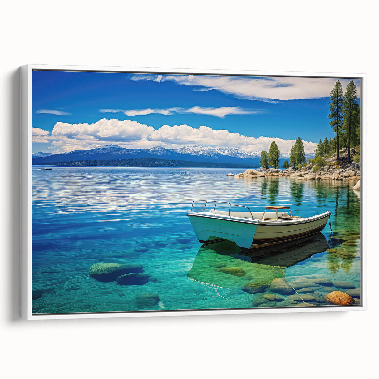 Vintage poster art of Lake Tahoe in vibrant colors on a white-framed canvas, ideal for living room decor.