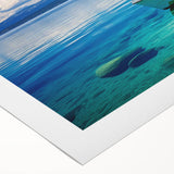 Art deco poster of Lake Tahoe with cool blue and green hues on rolled canvas, suitable for dining room wall art.
