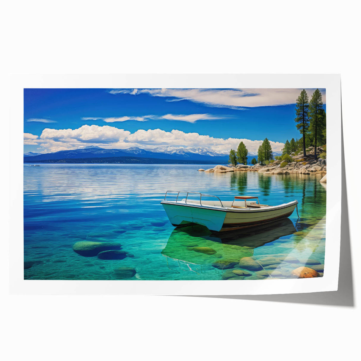 Extra large rolled print of Lake Tahoe with muted blue and green hues, ideal for dining room wall art.