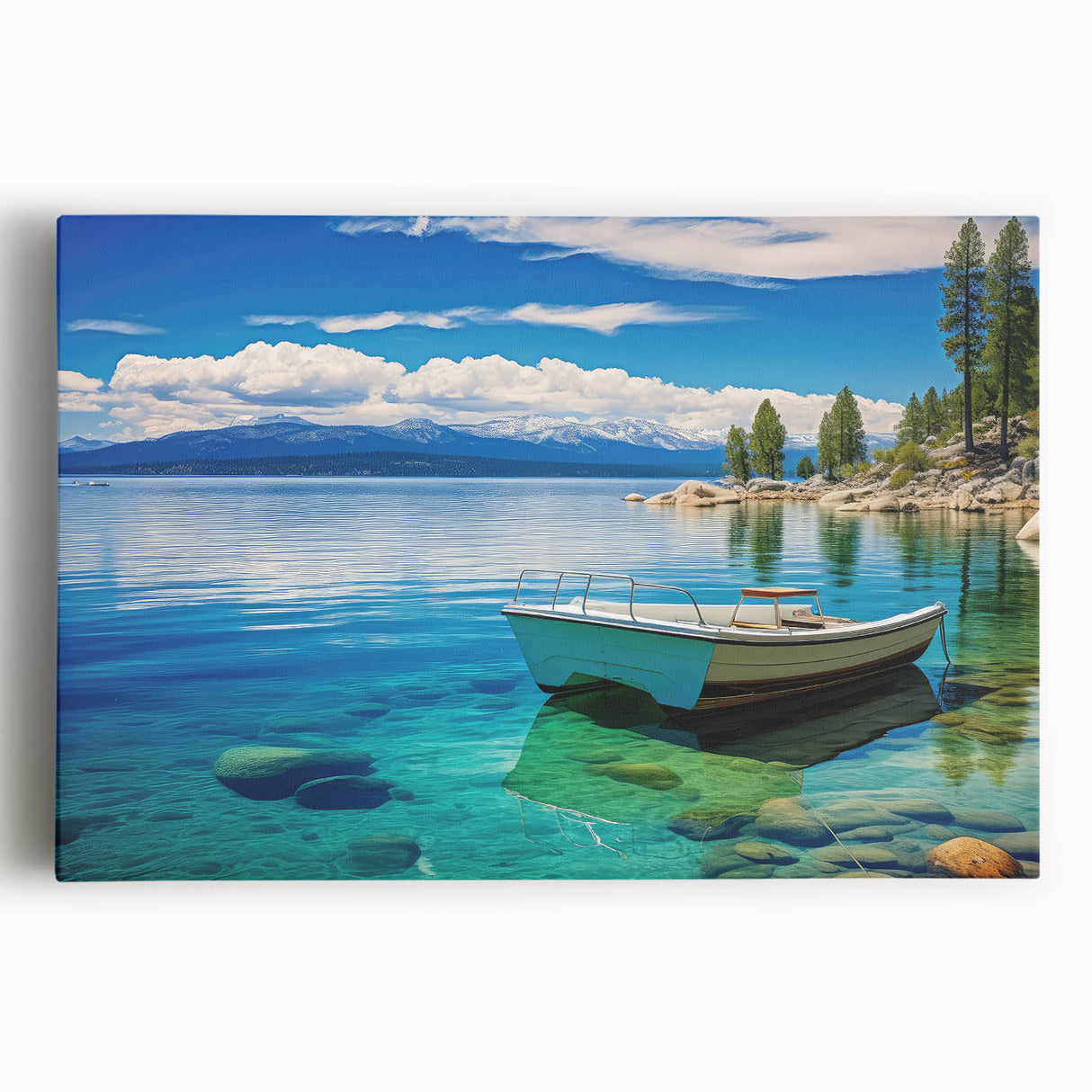 Black and white photograph of Lake Tahoe on stretched canvas, ideal for kitchen wall art.