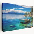 Large art depicting Lake Tahoe with vibrant blue and green tones on stretched canvas, ideal for kitchen wall art.