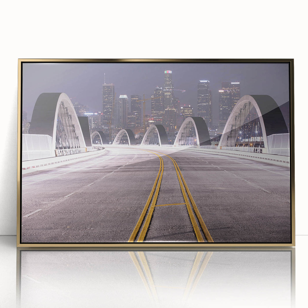 Acrylic print of Los Angeles scenery in gold frame, featuring mid-century modernist style, ideal for modern art wall decor.