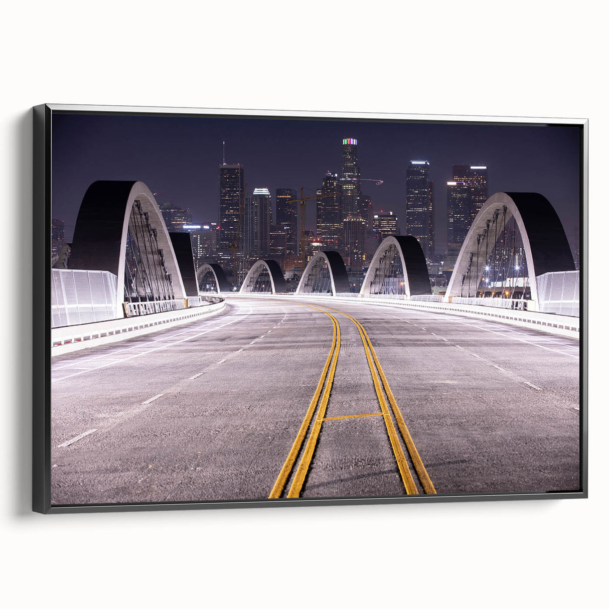 Black and white framed canvas of Los Angeles landscape, ideal for bedroom wall art with a vintage poster style.