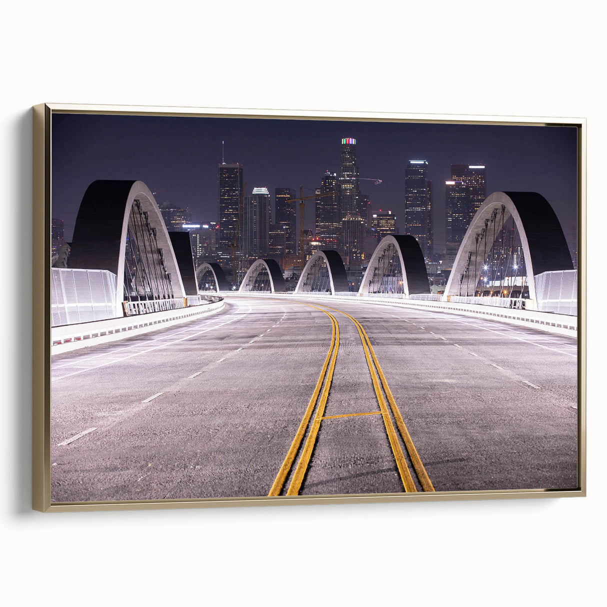Framed canvas of vintage-style Los Angeles landscape in black and gold tones, ideal for bedroom wall art.