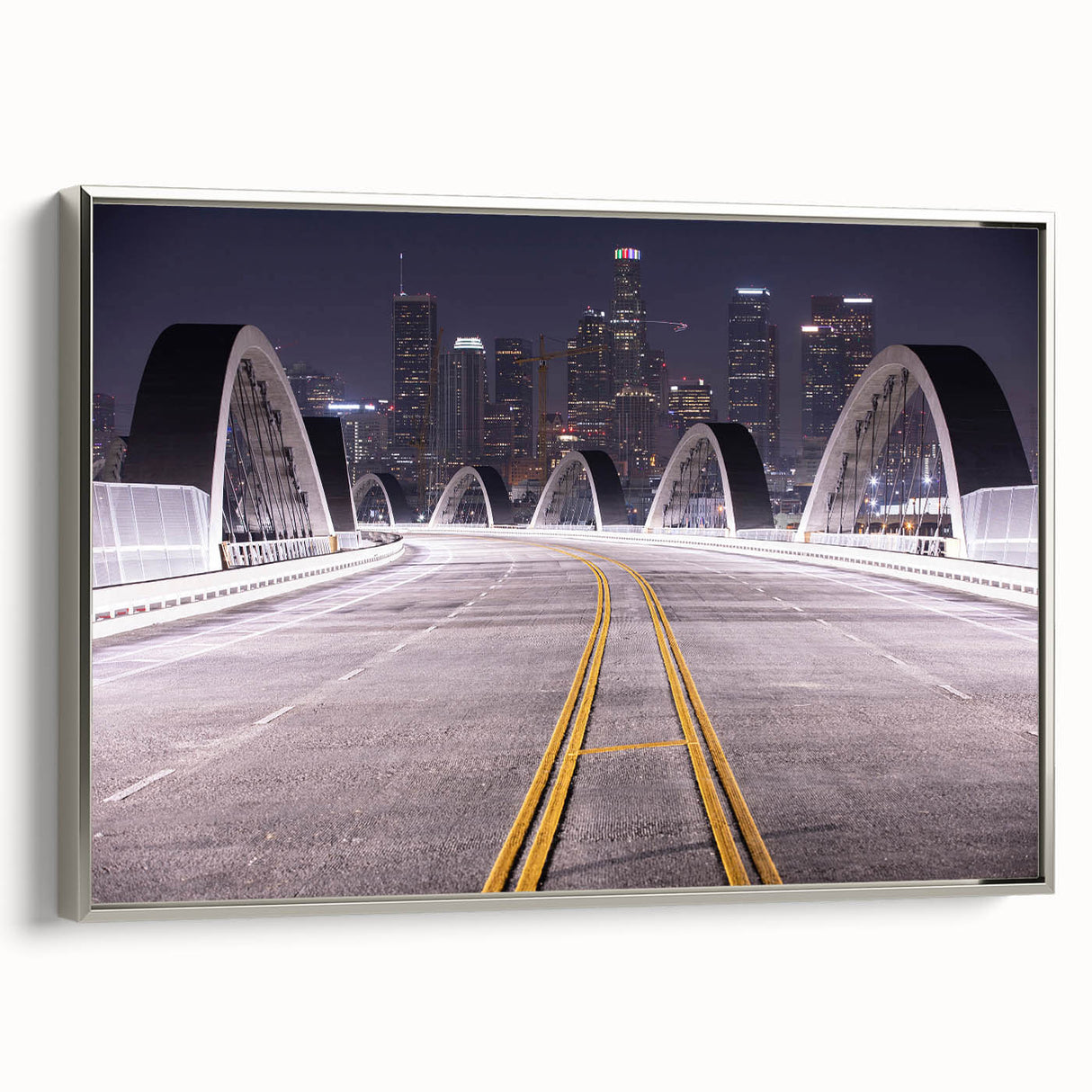 Landscape art painting of Los Angeles skyline in silver framed canvas.
