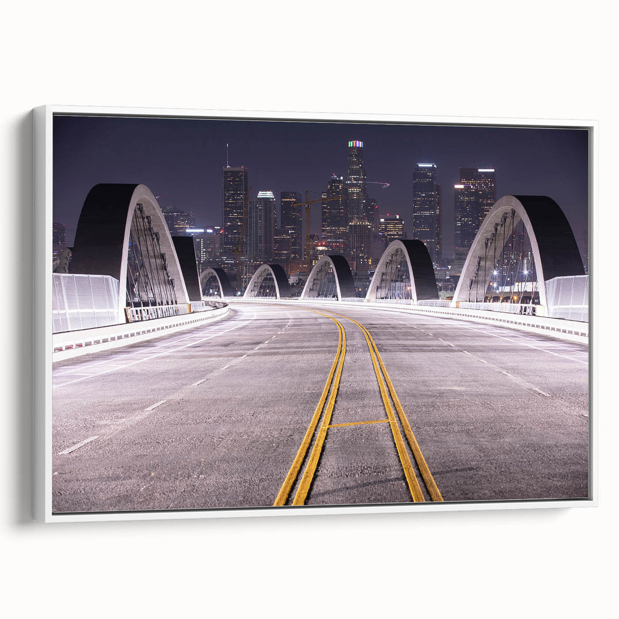 Vintage poster art of Los Angeles skyline in vibrant colors on extra large framed canvas, ideal for living room decor.