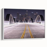 Vintage poster art of Los Angeles skyline in vibrant colors on extra large framed canvas, ideal for living room decor.