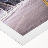 Art deco poster of Los Angeles skyline in muted gold and navy tones on rolled canvas, suitable for dining room décor.