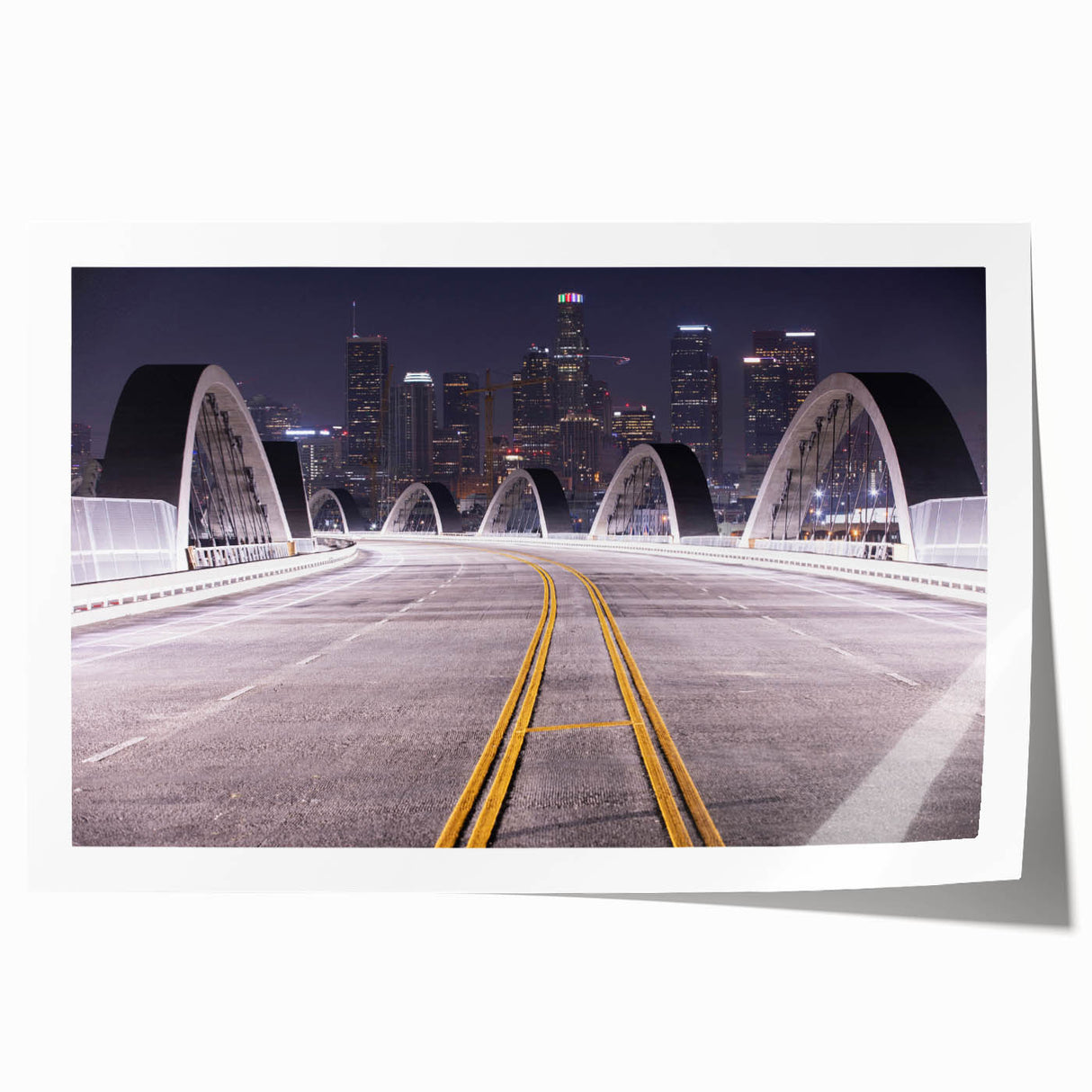 Los Angeles skyline in muted gray tones on a large rolled canvas, suitable for dining room or bathroom decor.