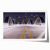 Los Angeles skyline in muted gray tones on a large rolled canvas, suitable for dining room or bathroom decor.
