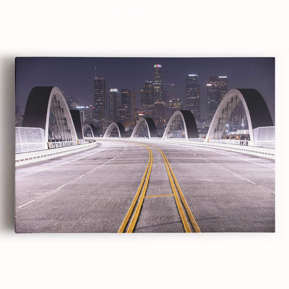 Black and white photo of Los Angeles skyline on large stretched canvas, ideal for kitchen wall art.