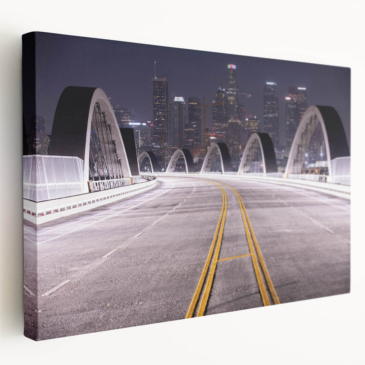 Los Angeles cityscape on large stretched canvas with vivid sunset colors, suitable for kitchen wall art.