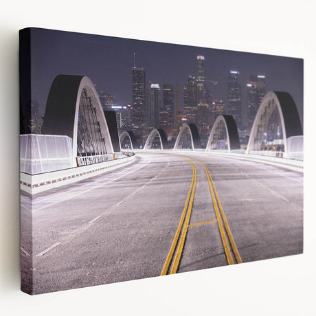 Los Angeles cityscape on large stretched canvas with vivid sunset colors, suitable for kitchen wall art.