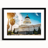 Colorful abstract art print of Sacramento skyline with vivid hues on a large textured canvas, ideal for living room decor.