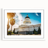 Abstract art print of Sacramento scenery in muted blue and green tones, framed with a white mat, ideal for dining room decor.