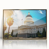 Large art print of Sacramento scenery in mid-century modernist style on gold-framed acrylic.