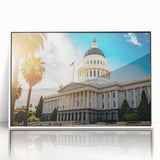 Acrylic print of Sacramento scenery with muted blue and gray tones, framed in white, suitable for modern nursery decor.