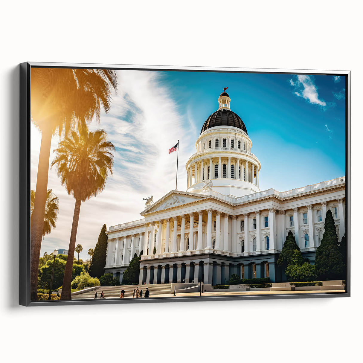 Black and white framed canvas of Sacramento landscape, ideal for bedroom wall art.