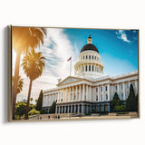 Framed canvas of Sacramento landscape in vintage poster style, featuring black and gold tones, ideal for bedroom wall art.