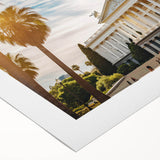 Art deco poster of Sacramento scenery in muted blue and orange tones on rolled canvas, suitable for dining room wall art.