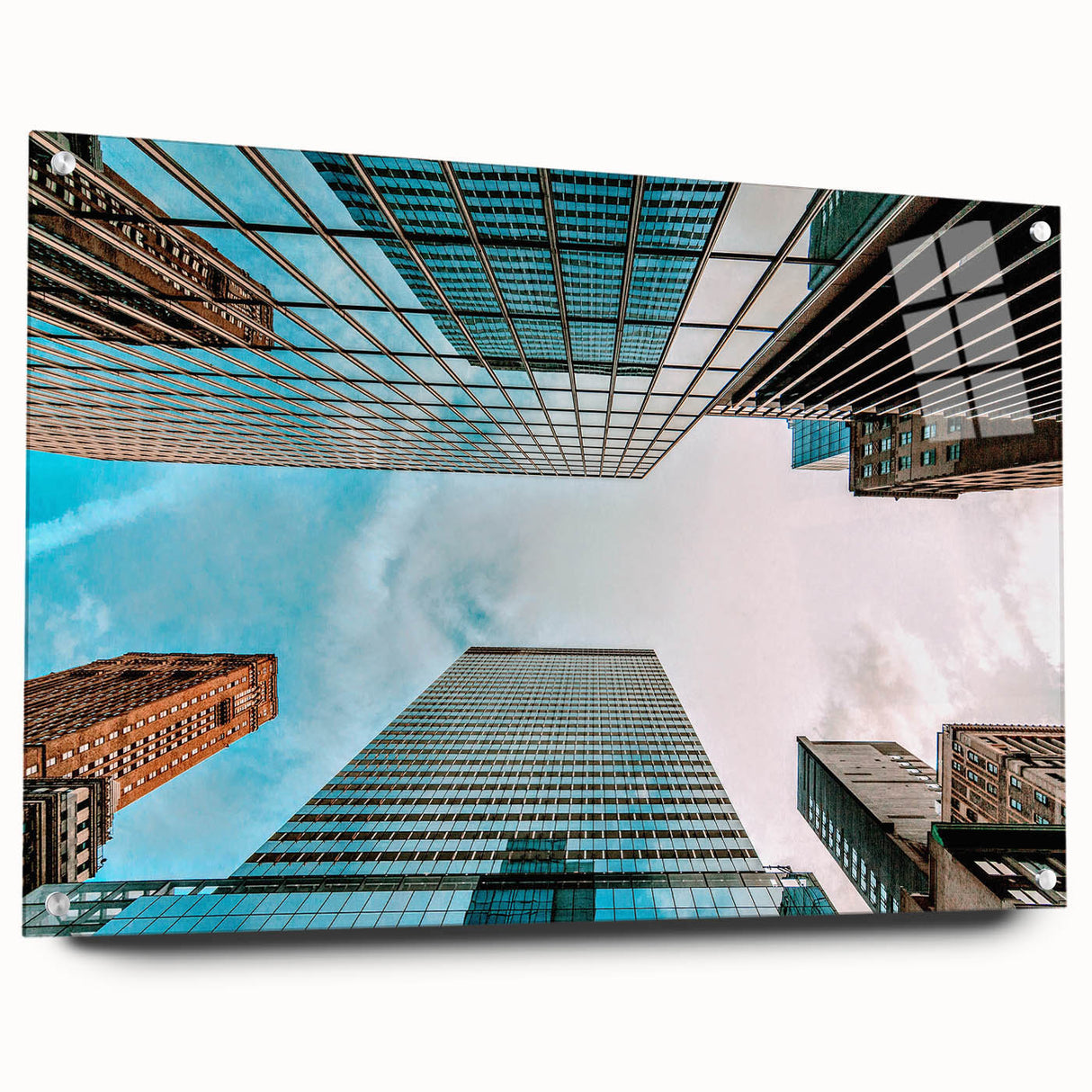 Acrylic print of a large abstract depiction of San Francisco, featuring vibrant blue and orange tones.