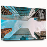 Acrylic print of a large abstract depiction of San Francisco, featuring vibrant blue and orange tones.