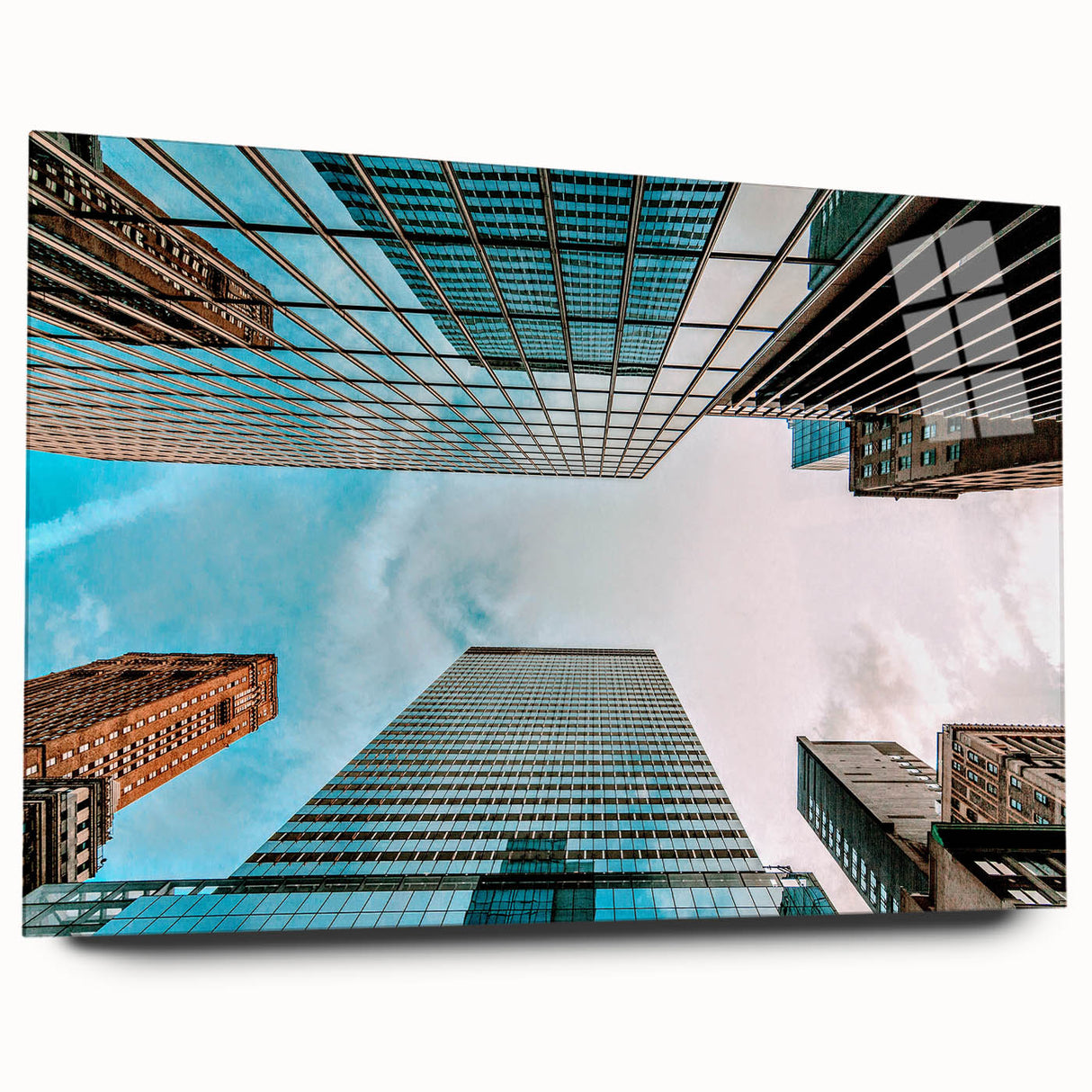 Acrylic print of a large abstract depiction of San Francisco, featuring vibrant blue and orange tones.