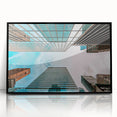 Large abstract wall art of San Francisco skyline in muted gray, framed in black acrylic.