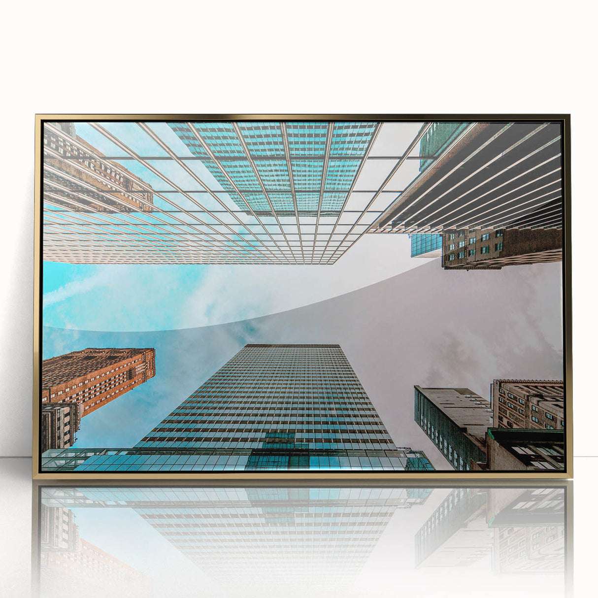 Large art print of San Francisco skyline in gold and blue tones on acrylic, framed, in mid-century modernist style.