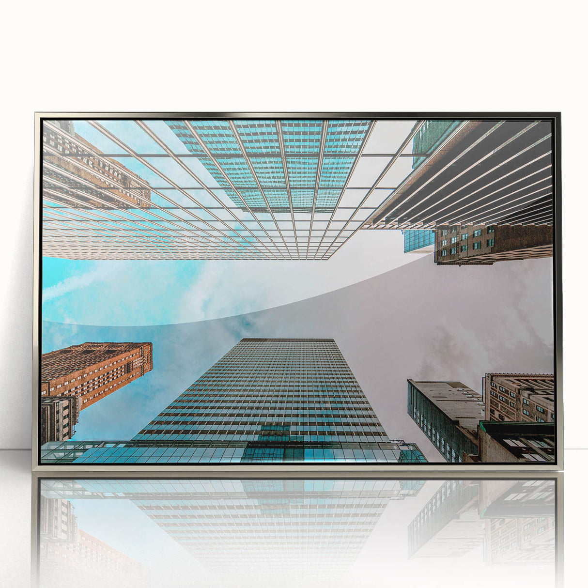 Mid-century modernist art depicting the San Francisco skyline in muted gray and blue tones, framed acrylic.