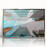 Mid-century modernist art depicting the San Francisco skyline in muted gray and blue tones, framed acrylic.