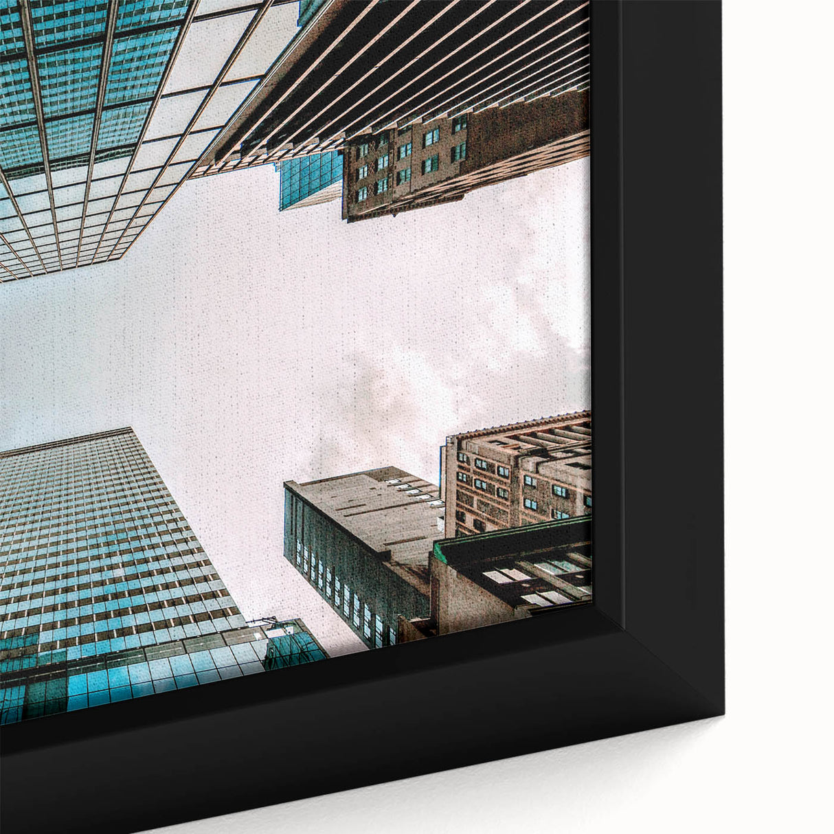 Extra large framed canvas featuring a textured depiction of the San Francisco skyline in black with colorful accents.