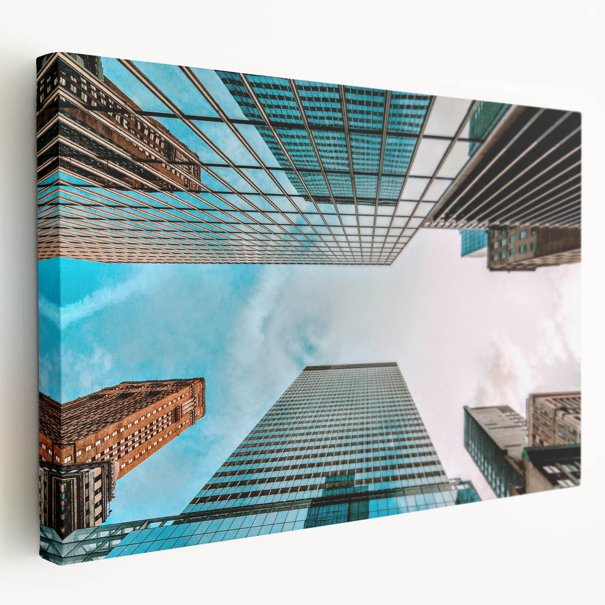 Panoramic view of San Francisco skyline in muted blues and grays on large stretched canvas, suitable for kitchen wall art.