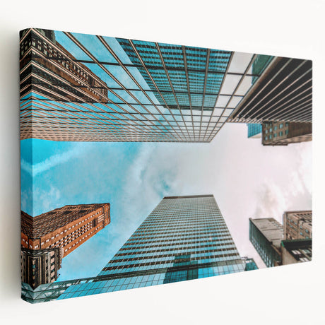 Panoramic view of San Francisco skyline in muted blues and grays on large stretched canvas, suitable for kitchen wall art.