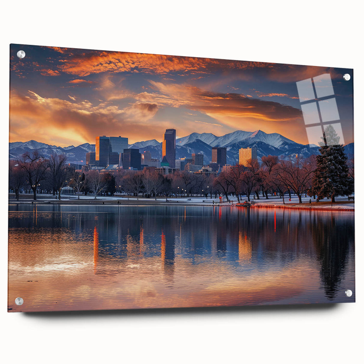 Large abstract depiction of the Denver skyline in vibrant blues and greens on an acrylic glass.