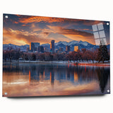 Large abstract depiction of the Denver skyline in vibrant blues and greens on an acrylic glass.