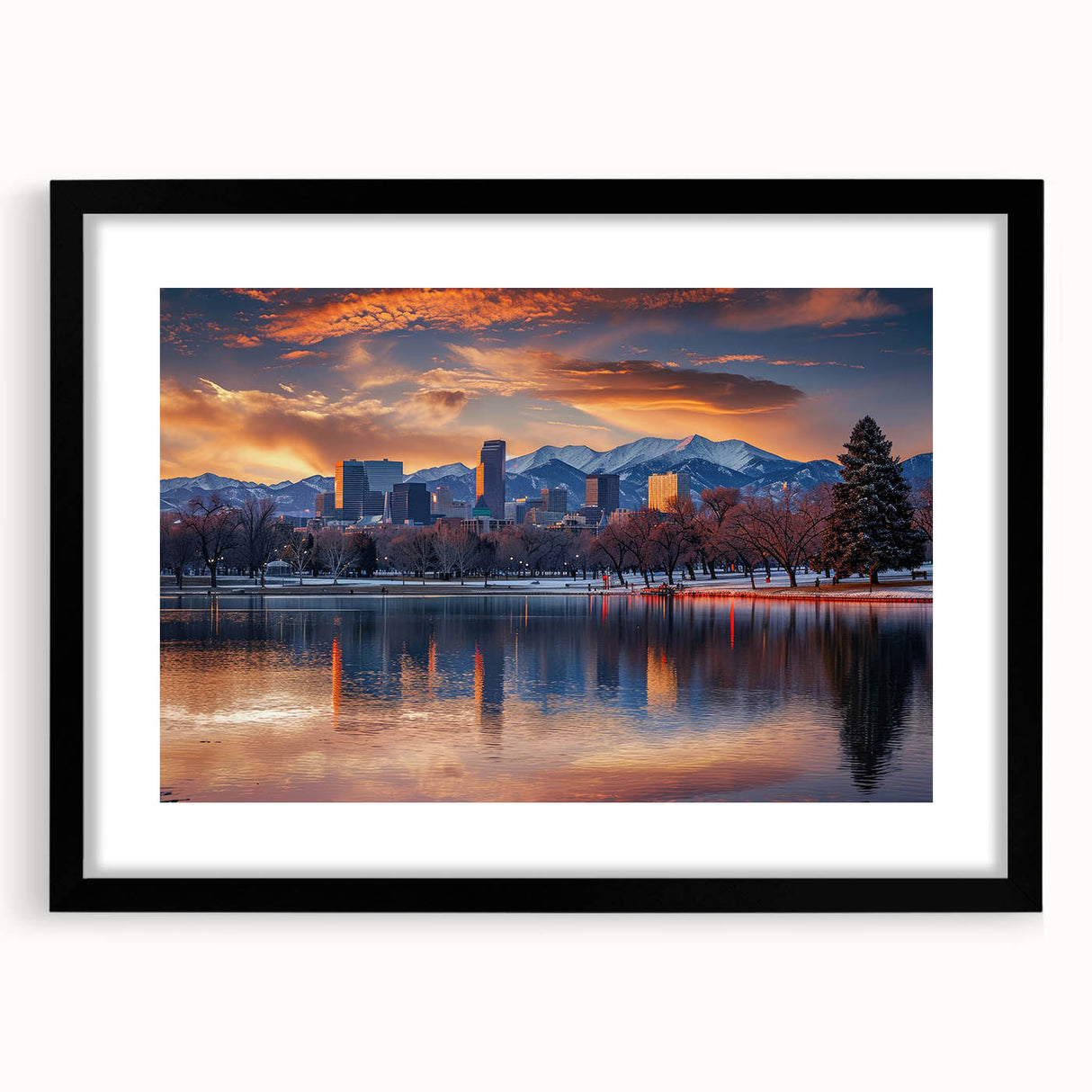 Textured abstract art print of Denver scenery in vibrant colors on a large black-framed canvas.