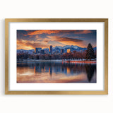 Extra large abstract art print of Denver scenery in textured hues of gold and blue on a framed canvas.
