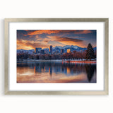 Textured abstract art print of Denver skyline in muted gray and blue tones on a framed silver mat, ideal for bedroom art.