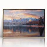 Framed acrylic print of Denver skyline in muted gold and blue tones, ideal for modern art wall decor.