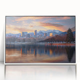 Art deco poster of Denver skyline in muted gray and blue tones on framed acrylic, ideal for modern art wall decor.