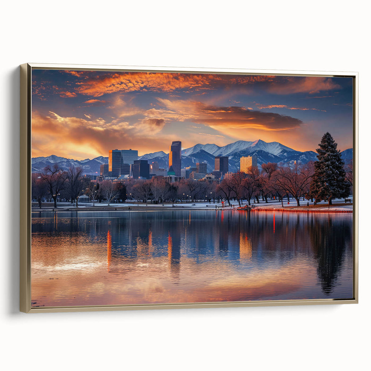 Framed canvas featuring a vintage-style landscape painting of Denver, Colorado in muted earth tones.