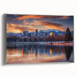 Framed canvas landscape art painting of Denver, Colorado in vibrant colors with a vintage poster style.