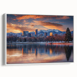 Framed canvas of vintage poster art featuring the Denver skyline in colorful hues, ideal for living room decor.