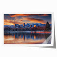 Denver skyline in muted gray and blue tones on a large rolled canvas, suitable for dining room wall art.