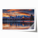 Denver skyline in muted gray and blue tones on a large rolled canvas, suitable for dining room wall art.