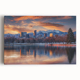 Black and white photograph of the Denver skyline on large stretched canvas, suitable for kitchen art.